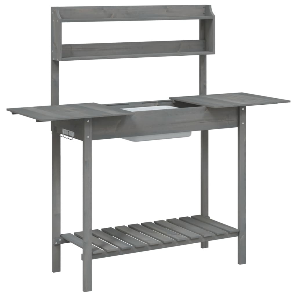 vidaXL Potting Table with Sink, Solid Fir Wood, 147.5x44x139.5 cm, Grey - Image 5 of 11