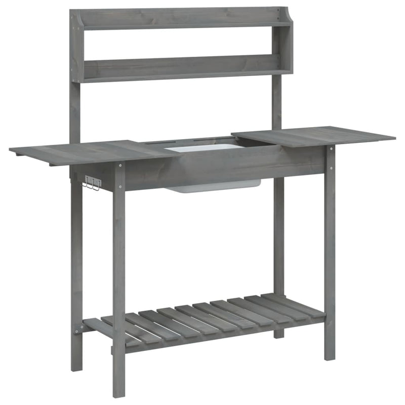 vidaXL Potting Table with Sink, Solid Fir Wood, 147.5x44x139.5 cm, Grey - Image 5 of 11