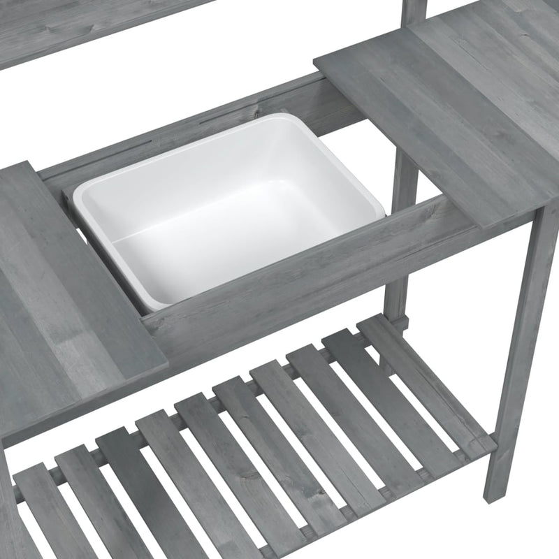vidaXL Potting Table with Sink, Solid Fir Wood, 147.5x44x139.5 cm, Grey - Image 10 of 11